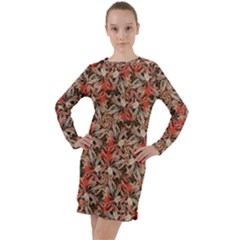 Red Blossom Harmony Pattern Design Long Sleeve Hoodie Dress by dflcprintsclothing