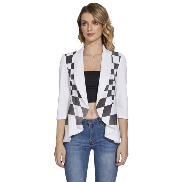 Checkerboard T- Shirt Watercolor Psychedelic Checkerboard T- Shirt Women s 3/4 Sleeve Ruffle Edge Open Front Jacket