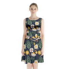 Flower Grey Pattern Floral Sleeveless Waist Tie Chiffon Dress