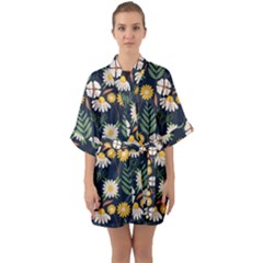 Flower Grey Pattern Floral Half Sleeve Satin Kimono  by Dutashop