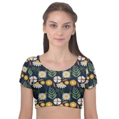 Flower Grey Pattern Floral Velvet Short Sleeve Crop Top  by Dutashop