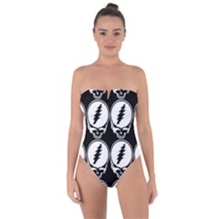 Black And White Deadhead Grateful Dead Steal Your Face Pattern Tie Back One Piece Swimsuit