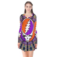 Gratefuldead Grateful Dead Pattern Long Sleeve V-neck Flare Dress