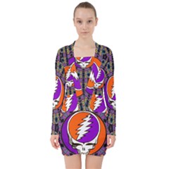 Gratefuldead Grateful Dead Pattern V-neck Bodycon Long Sleeve Dress