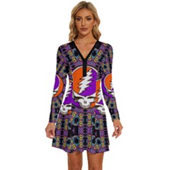 Gratefuldead Grateful Dead Pattern Long Sleeve Deep V Mini Dress 