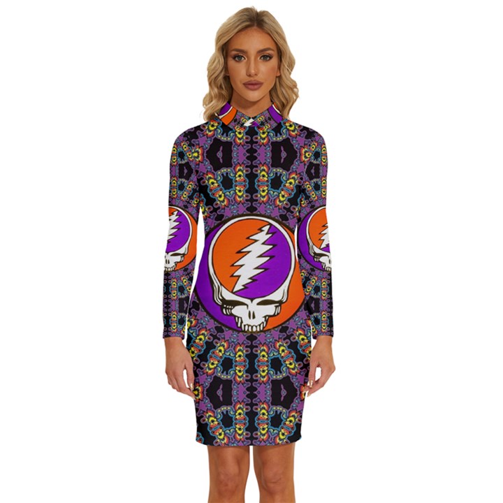 Gratefuldead Grateful Dead Pattern Long Sleeve Shirt Collar Bodycon Dress