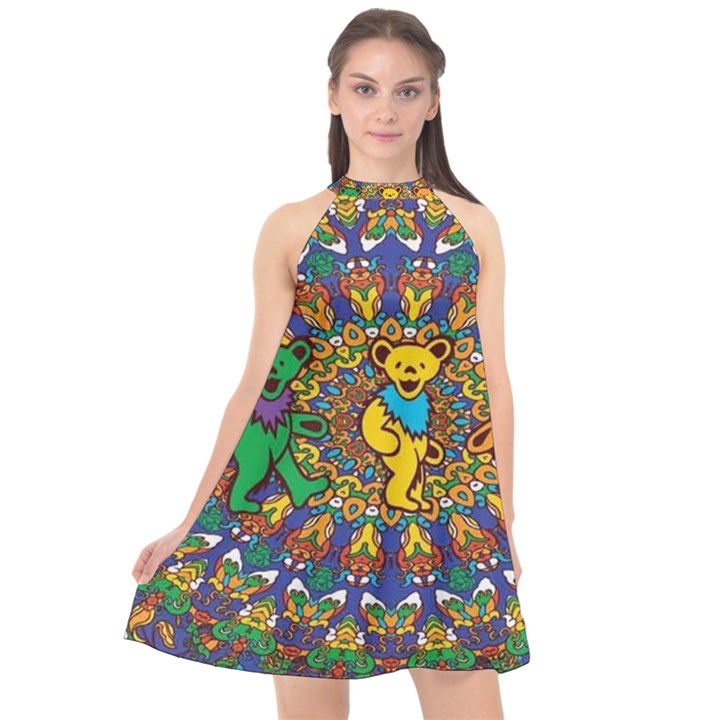 Grateful Dead Pattern Halter Neckline Chiffon Dress 