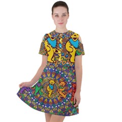 Grateful Dead Pattern Short Sleeve Shoulder Cut Out Dress 