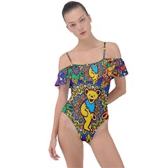 Grateful Dead Pattern Frill Detail One Piece Swimsuit