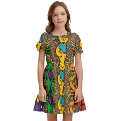 Grateful Dead Pattern Kids  Puff Sleeved Dress by Sarkoni