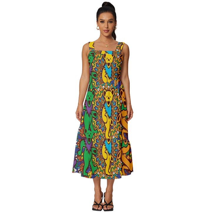 Grateful Dead Pattern Square Neckline Tiered Midi Dress