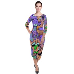 Trippy Aesthetic Halloween Quarter Sleeve Midi Velour Bodycon Dress