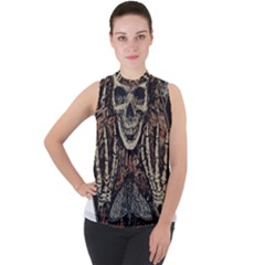 Gray And Multicolored Skeleton Illustration Mock Neck Chiffon Sleeveless Top by uniart180623