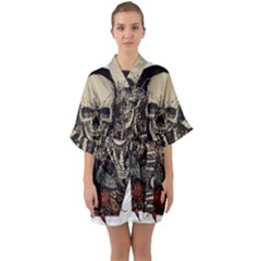 Gray And Multicolored Skeleton Illustration Half Sleeve Satin Kimono  by uniart180623