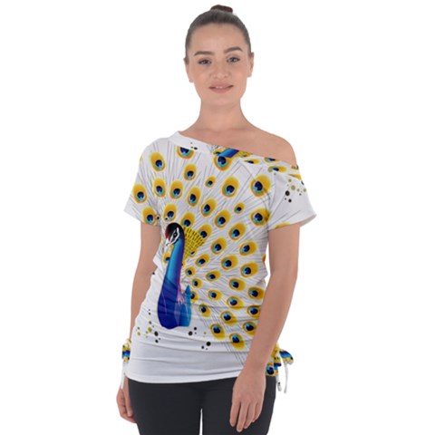 Bird Peafowl Peacock Animal Off Shoulder Tie-up T-shirt by uniart180623