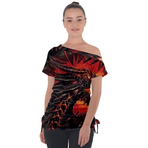 Dragon Off Shoulder Tie-up T-shirt by uniart180623