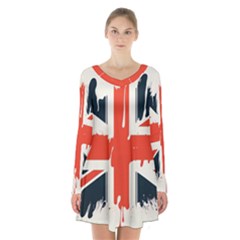 Union Jack England Uk United Kingdom London Long Sleeve Velvet V-neck Dress by uniart180623