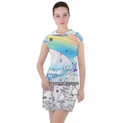 Rainbow Fun Cute Minimal Doodle Drawing Drawstring Hooded Dress by uniart180623