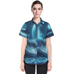 Moonlight High Tide Storm Tsunami Waves Ocean Sea Women s Short Sleeve Shirt