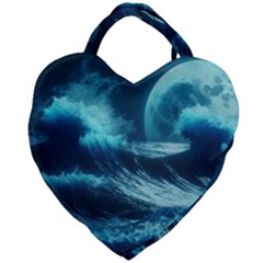 Moonlight High Tide Storm Tsunami Waves Ocean Sea Giant Heart Shaped Tote by uniart180623