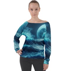 Moonlight High Tide Storm Tsunami Waves Ocean Sea Off Shoulder Long Sleeve Velour Top by uniart180623