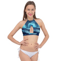 Moonlight High Tide Storm Tsunami Waves Ocean Sea Cross Front Halter Bikini Top by uniart180623