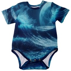 Moonlight High Tide Storm Tsunami Waves Ocean Sea Baby Short Sleeve Bodysuit by uniart180623