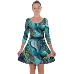 Waterfall Jungle Nature Paper Craft Trees Tropical Quarter Sleeve Skater Dress by uniart180623