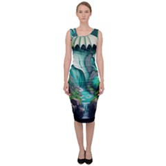 Waterfall Jungle Nature Paper Craft Trees Tropical Sleeveless Pencil Dress by uniart180623