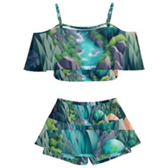 Waterfall Jungle Nature Paper Craft Trees Tropical Kids  Off Shoulder Skirt Bikini by uniart180623
