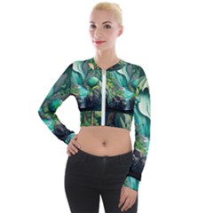 Waterfall Jungle Nature Paper Craft Trees Tropical Long Sleeve Cropped Velvet Jacket