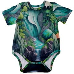 Waterfall Jungle Nature Paper Craft Trees Tropical Baby Short Sleeve Bodysuit by uniart180623