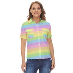 Cute Pastel Rainbow Stripes Women s Short Sleeve Double Pocket Shirt