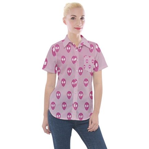 Alien Pattern Pink Women s Short Sleeve Pocket Shirt by Ket1n9