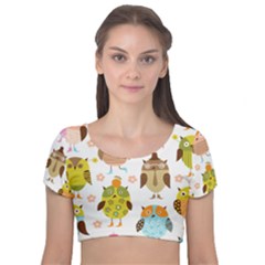 Cute Owls Pattern Velvet Short Sleeve Crop Top 