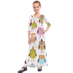 Cute Owls Pattern Kids  Quarter Sleeve Maxi Dress