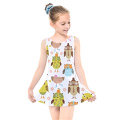 Cute Owls Pattern Kids  Skater Dress Swimsuit