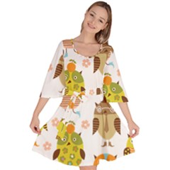 Cute Owls Pattern Velour Kimono Dress