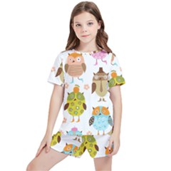 Cute Owls Pattern Kids  T-Shirt And Sports Shorts Set