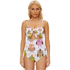 Cute Owls Pattern Knot Front One-Piece Swimsuit