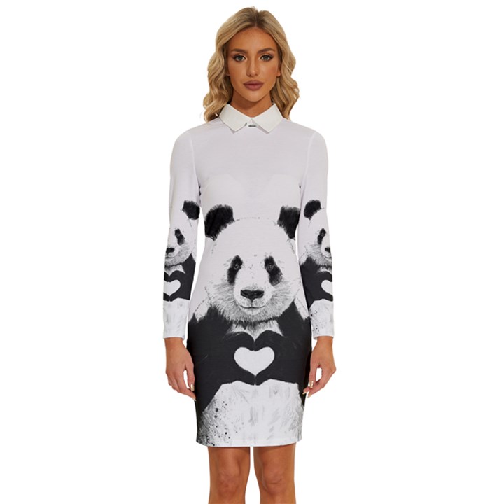 Panda Love Heart Long Sleeve Shirt Collar Bodycon Dress