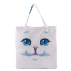 Cute White Cat Blue Eyes Face Grocery Tote Bag by Ket1n9