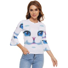 Cute White Cat Blue Eyes Face Bell Sleeve Top