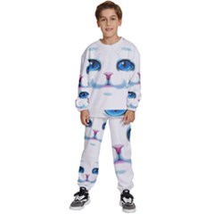 Cute White Cat Blue Eyes Face Kids  Sweatshirt Set by Ket1n9