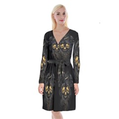 Art Fiction Black Skeletons Skull Smoke Long Sleeve Velvet Front Wrap Dress by Ket1n9