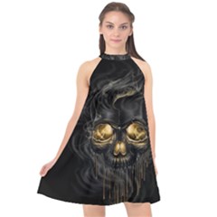 Art Fiction Black Skeletons Skull Smoke Halter Neckline Chiffon Dress  by Ket1n9
