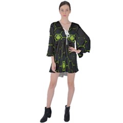 Green Android Honeycomb Gree V-neck Flare Sleeve Mini Dress by Ket1n9