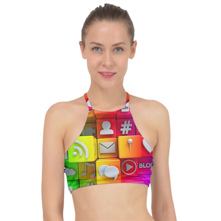 Colorful 3d Social Media Halter Bikini Top
