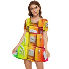Colorful 3d Social Media Tiered Short Sleeve Babydoll Dress by Ket1n9