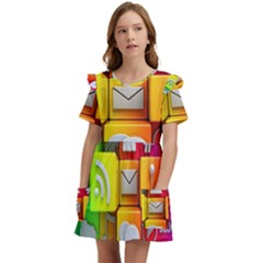 Colorful 3d Social Media Kids  Frilly Sleeves Pocket Dress by Ket1n9